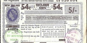 New Zealand 1968 54 Cents on 5 Shillings postal order.

Issued in Wellington in 1968,& cashed in Wellington in 1978.

Very rare example of a cashed postal order from New Zealand. Banknote