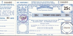 Fiji 1991 25 Cents postal note. Banknote