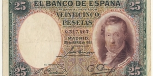 25 Pesetas (interbellum period 1931) Banknote