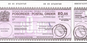 South Africa 1987 5 Cents postal order. Banknote
