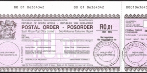South Africa 1995 1 Cent postal order. Banknote