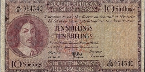 South Africa 1958 10 Shillings.

English on Top type. Banknote