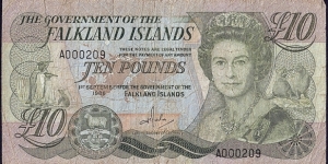 Falkland Islands 1986 10 Pounds.

Low serial number. Banknote