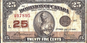 Canada 1923 25 Cents. Banknote