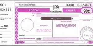 Namibia 1997 90 Cents postal order. Banknote