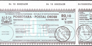 Bophuthatswanan Remainder Issue 1994 10 Cents postal order. Banknote