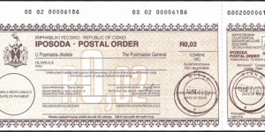 Ciskei 1986 2 Cents postal order. Banknote