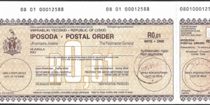 Ciskeian Remainder Issue 1995 1 Cent postal order. Banknote
