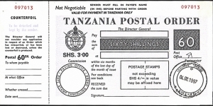 Tanganyika 1997 60 Shillings postal order. Banknote