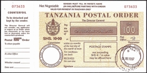 Tanganyika 1997 100 Shillings postal order. Banknote