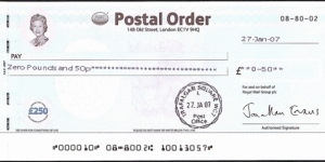 England 2007 50 Pence postal order. Banknote
