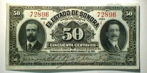 Mexico.rev  1915 10 Centavos Sonora cat 1069  Banknote