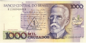 1000 Cruzados(overprinted with value 1 Cruzado Novo) Banknote