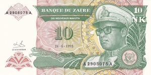 Zaire P49 (10 nouveaux makuta 24/6-1993) Banknote