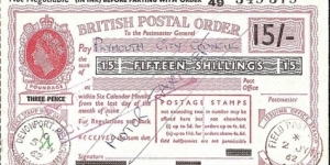 B.F.P.O. 949 1962 15 Shillings postal order.

Extremely rare unknown British Field Post Office issue. Banknote