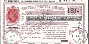 B.F.P.O. 953 1962 18 Shillings postal order.

Extremely rare unknown British Field Post Office issue. Banknote