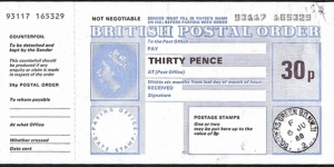 England 1988 30 Pence postal order. Banknote