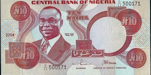 Nigeria 2004 10 Naira.

Printed & cut off centre in error. Banknote