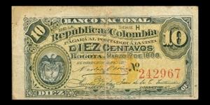Colombia 10 Centavos, 01/03/1888, P211 Banknote