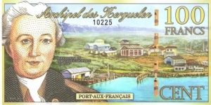 Kergeulen Archipelago; 100 francs; November 5, 2010

Polymer note.

Private fantasy issue (NOT legal tender; Antarctic Overseas Exchange Office will exchange at 0.01 Euro per Kerguelenois franc.) Banknote