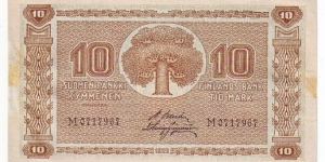 10 Markkaa No marking Litt. Serie M Banknote size 119 X 68mm (inch 4,685 X 2,677) This note is made of 31.01.-08.11.1922 Banknote