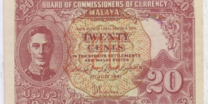 MALAYSIA / MALAYA : 20 CENT (PREFIX 1) Banknote