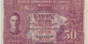 MALAYSIA / MALAYA : 50CENT PREFIX 4 Banknote