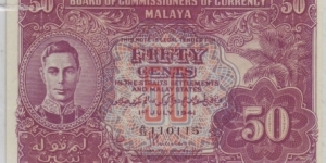 MALAYSIA / MALAYA : 50CENT PREFIX 3 Banknote