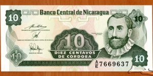 Nicaragua |
10 Centavos, 1991 |

Obverse: Francisco Hernández de Córdoba |
Reverse: National coat of arms and Plumeria flower (in Nicaragua known as Sacuanjoche) Banknote