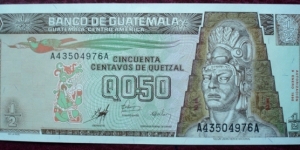 Banco de Guatemala |
½ Quetzal |

Obverse: Tecún Umán (~1500-1524), the last ruler of the K'iche' (Quiché) Maya people in nowadays Guatemala. He was slain by the Spanish Conquistador Don Pedro Alvarado (According to the Kaqchikel annals) |
Reverse: Tikal Temple - one of the largest archaeological sites and urban centres of the pre-Columbian Maya civilization (47m high) Banknote