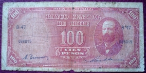 Banco Central de Chile |
100 Pesos |

Obverse: Agustín Arturo Prat Chacón (1848-1879) |
Reverse: Coat of Arms and Value |
Watermark: The Chilean statesman Diego Portales Banknote