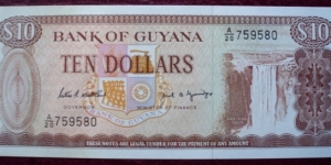 Bank of Guyana |
10 Dollars |

Obverse: Coat of Arms, Kaieteur Falls on the Potaro River in central Guyana |
Reverse: Bauxite mining and Alumina plant |
Watermark: Head of a Macaw parrot Banknote