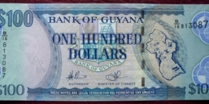 Bank of Guyana |
100 Dollars |

Obverse: Coat of Arms and Map of Guyana |
Reverse: Georgetown Cathedral |
Watermark: Head of a Macaw parrot and A map outline Banknote