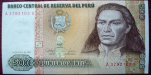 Banco Central de Reserva del Perú |
500 Intis |

Obverse: José Gabriel Condorcanqui Nogera (Túpac Amaru II) (1742-1781) and National Coat of Arms |
Reverse: Alpinist and Snow-capped mountains |
Watermark: Túpac Amaru II Banknote