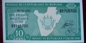 Ibanki ya Republika Y’Uburundi/Banque de la République du Burundi |
10 Francs |

Obverse: Map outlined with arms of Burundi |
Reverse: Motto in French and Kirundi Banknote