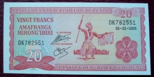 Ibanki ya Republika Y’Uburundi/Banque de la République du Burundi |
20 Francs |

Obverse: African dancer |
Reverse: National coat of arms Banknote