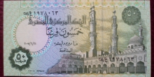 Al-Bank al-Markazī al-Masrī |
50 Qirsh/Pistres |

Obverse: Al-Azhar mosque and its minarets |
Reverse: The upper part of the statue of Ramses II, A collection of Lotus flowers and The Sun Boat, Also a Pharaonic cartouche and a drawing taken from the façade of a Pharaonic temple |
Watermark: The statue of Tutankhamon Banknote