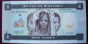 Bank of Eritrea |
1 Nakfa |

Obverse: Three girls and Flag of Eritrea |
Reverse: Children in bush school |
Watermark: Camels head Banknote