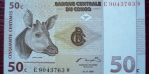 Banque Centrale du Congo |
50 Centimes |

Obverse: Head of an Okapi |
Reverse: Okapi family at Epulu Okapi Reserve |
Watermark: Head of an Okapi Banknote
