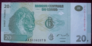 Banque Centrale du Congo |
20 Francs |

Obverse: Lion's head |
Reverse: Lioness with cubs in Kundelungu National Park |
Watermark: Head of an Okapi Banknote