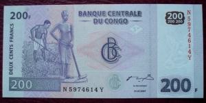 Banque Centrale du Congo |
200 Francs |

Obverse: Agriculture |
Reverse: Gong telegraphe |
Watermark: Head of an Okapi Banknote