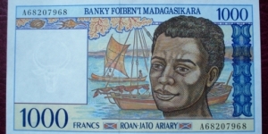 Banky Foiben’i Madagasikara/Banque Centrale du Madagascar |
500 Francs |

Obverse: Young boy with boats in background |
Reverse: Young woman with basket of shellfish and Fishermen tending the net near boat |
Watermark: Zebus head Banknote