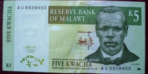 Reserve Bank of Malawi |
5 Kwacha |

Obverse: John Chilembwe (1871-1915), was an orthodox Baptist educator and an early figure in resistance to colonialism in Nyasaland |
Reverse: Food security |
Watermark: John Chilembwe Banknote