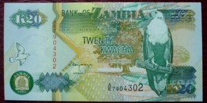 Bank of Zambia |
20 Kwacha |

Obverse: African Fish Eagle and Coat of Arms |
Reverse: Head of a Blackbuck Antelope and Freedom Statue 