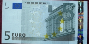 European Central Bank |
5 Euros |

Obverse: Classical architecture: Arch gate |
Reverse: Classical architecture: Bridge with arches and Map of Europe |
Watermark: Classical arch gate and the no. 5 Banknote