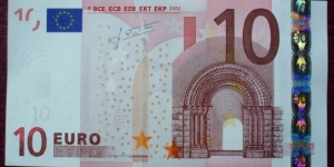 European Central Bank |
10 Euros |

Obverse: Romanesque architecture: Arch gate |
Reverse: Romanesque architecture: Bridge with arches and Map of Europe |
Watermark: Romanesque arch gate and the no. 10 Banknote