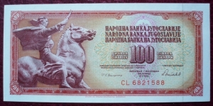 Narodna Banka Jugoslavije/Narodna Banka na Jugoslavija |
100 Dinara |

Obverse: 