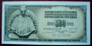 Narodna Banka Jugoslavije/Narodna Banka na Jugoslavija |
500 Dinara |

Obverse: Statue of Nikola Tesla in Niagara Falls State Park on Goat Island in New York |
Reverse: Value in the languages of the Yugoslav Republic Banknote