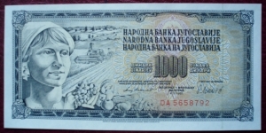 Narodna Banka Jugoslavije/Narodna Banka na Jugoslavija |
1,000 Dinara |

Obverse: Woman with Fruits and Harvesting |
Reverse: Value in the languages of the Yugoslav Republic Banknote