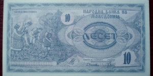 Narodna Banka na Makedonija |
10 Denari |

Obverse: Farmers harvesting |
Reverse: Ilinden monument in Kruševo Banknote